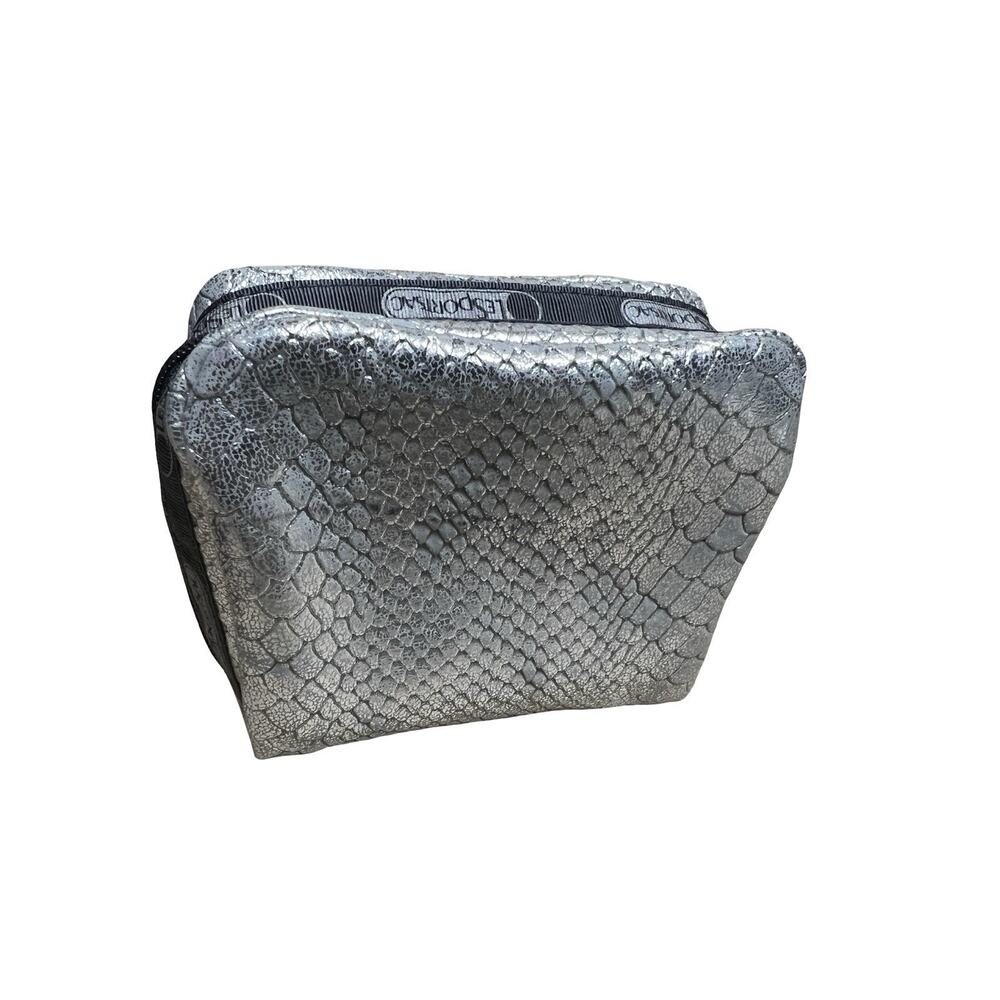 LeSportsac Silver Snakeskin Mini Cube Square Cosmetic Makeup Zip Pouch